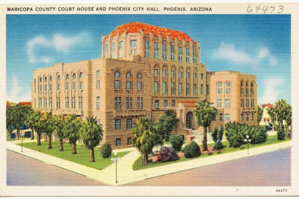 Historic postcard view of Phoenix City Hall and the Maricopa County Courthouse.