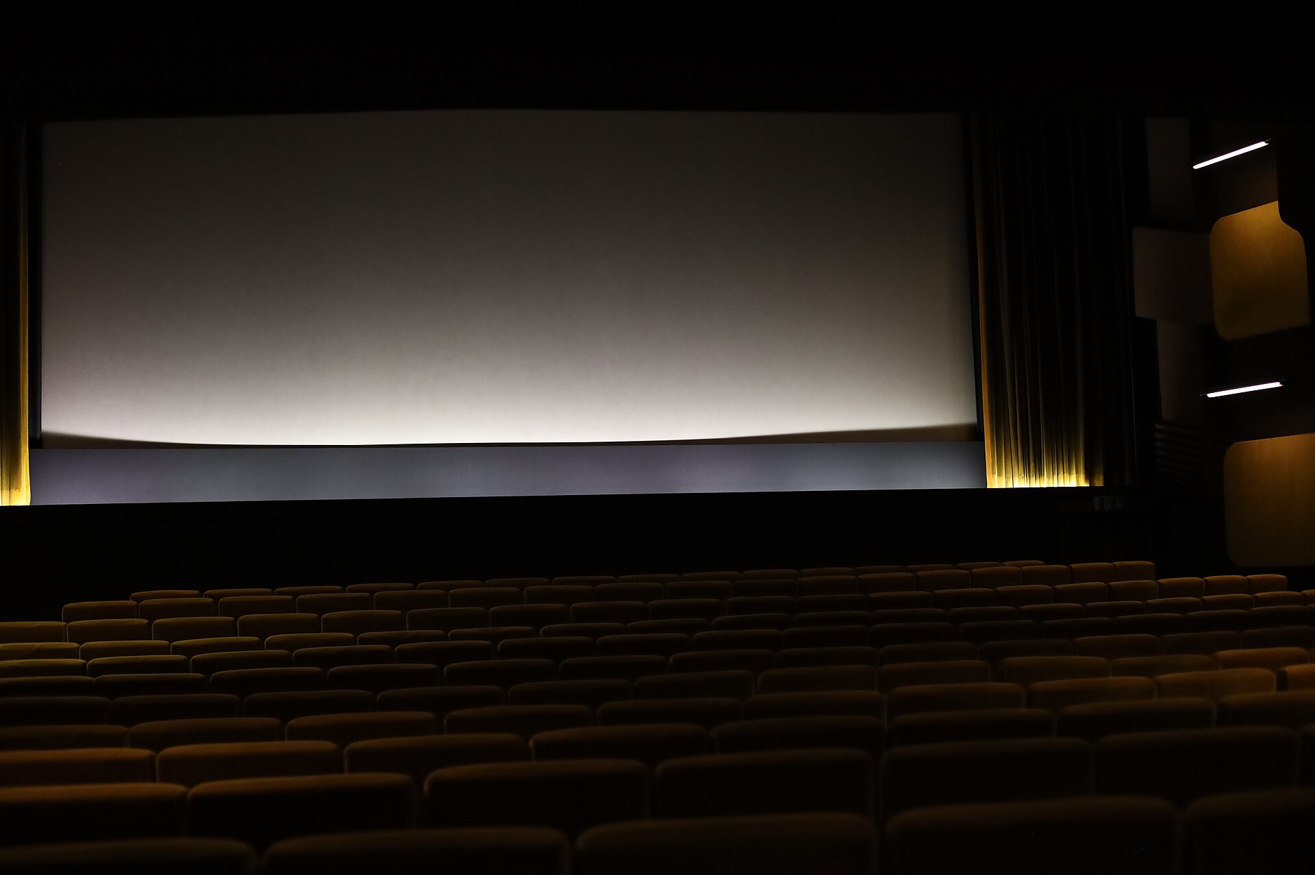 Empty movie theater with rows of seats facing a blank screen