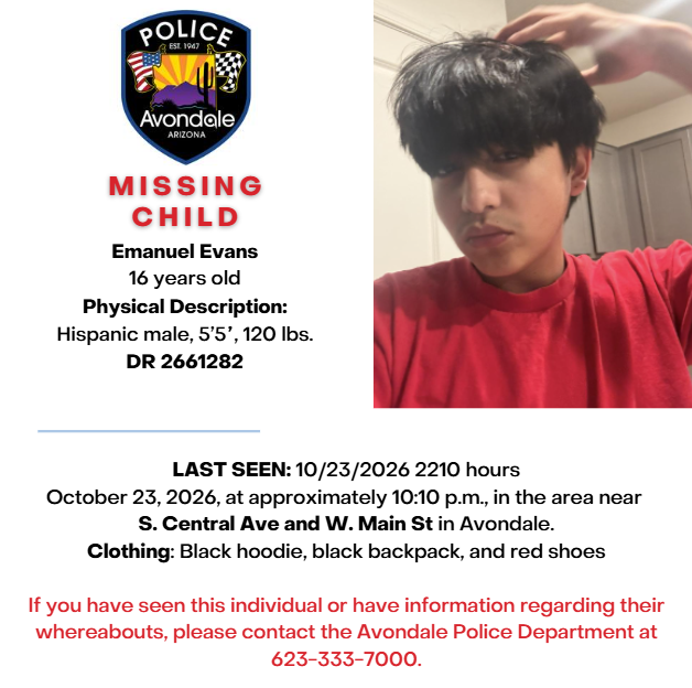 Avondale Police missing child bulletin for Emanuel Evans, 16