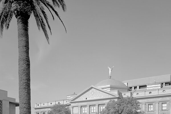 Black-and-white photo of the copper-domed Arizona State Capitol with palm trees