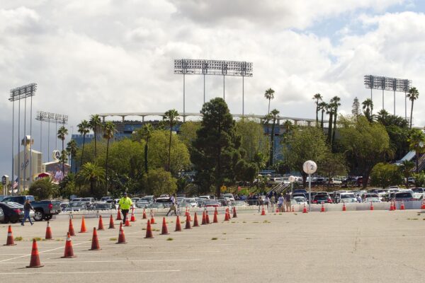 View of Dodger Stadium's seating bowl and field from the west side