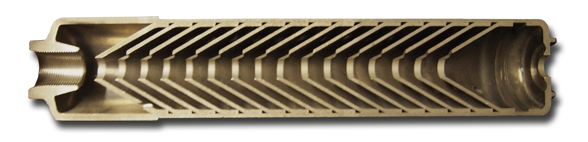 A cross-section of a firearm suppressor