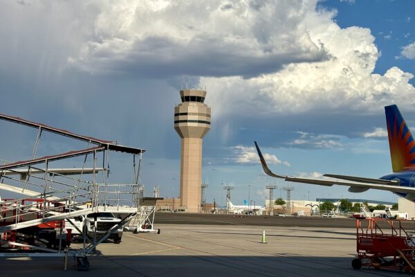The control tower at Phoenix-Mesa Gateway Airport, next to the new training center