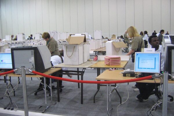 A ballot scanner at work