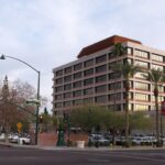 Mesa City Plaza office building and palm trees in downtown Mesa, Arizona