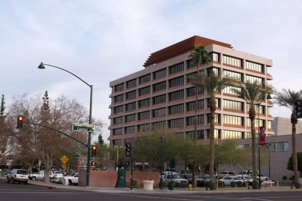 Mesa City Plaza office building and palm trees in downtown Mesa, Arizona