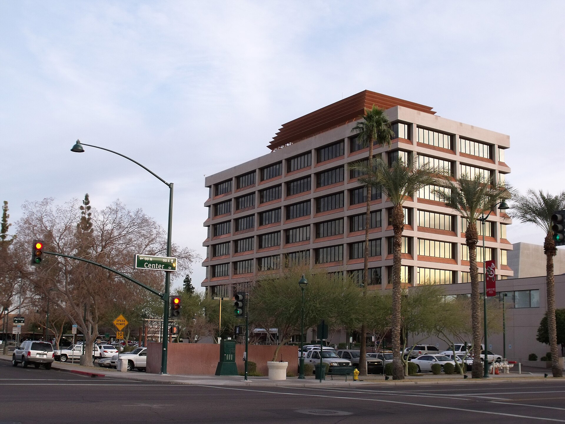 Mesa City Plaza office building and palm trees in downtown Mesa, Arizona