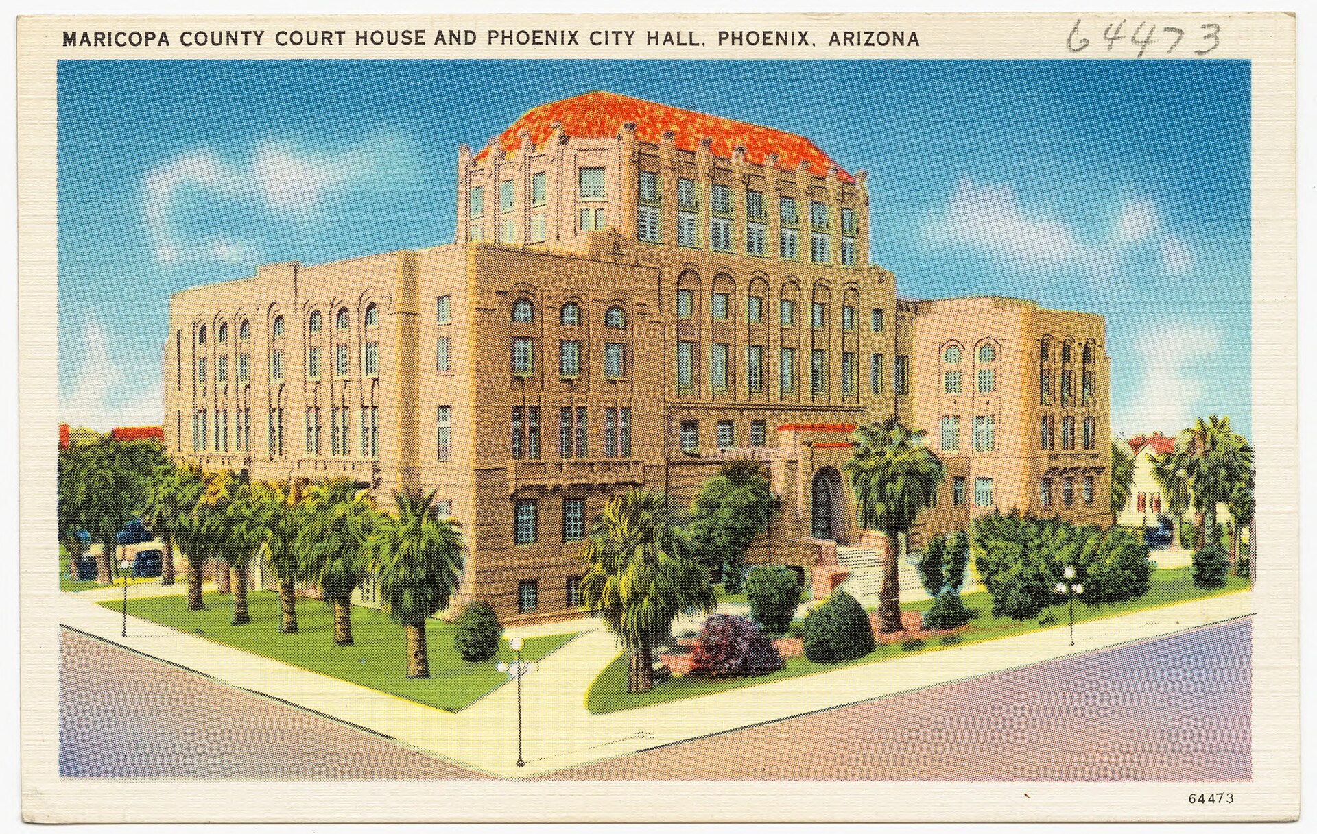 Historic postcard view of Phoenix City Hall and the Maricopa County Courthouse.