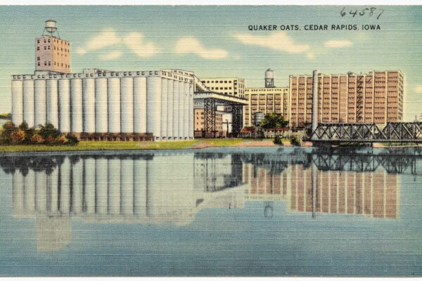 A vintage postcard of the Quaker Oats plant in Cedar Rapids, Iowa
