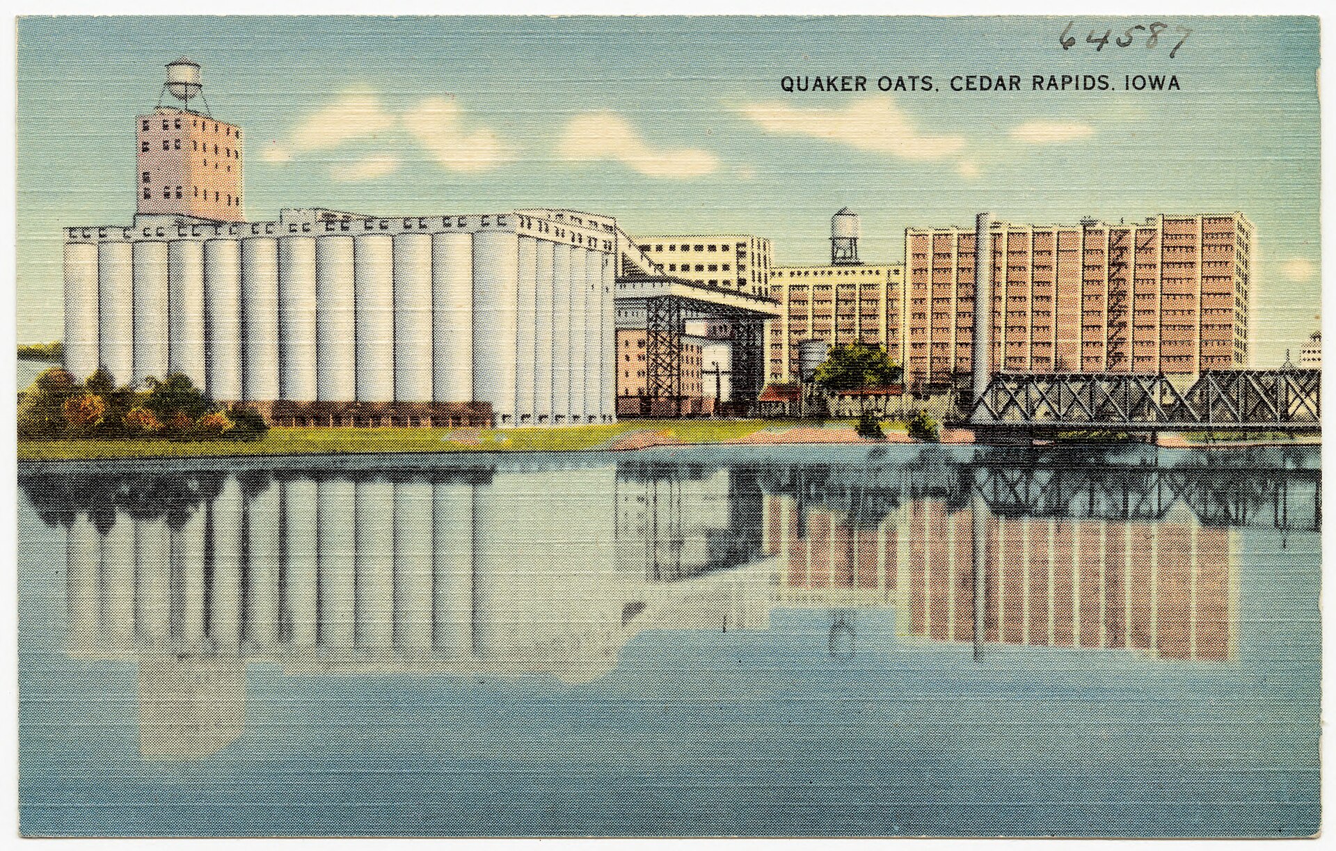 A vintage postcard of the Quaker Oats plant in Cedar Rapids, Iowa