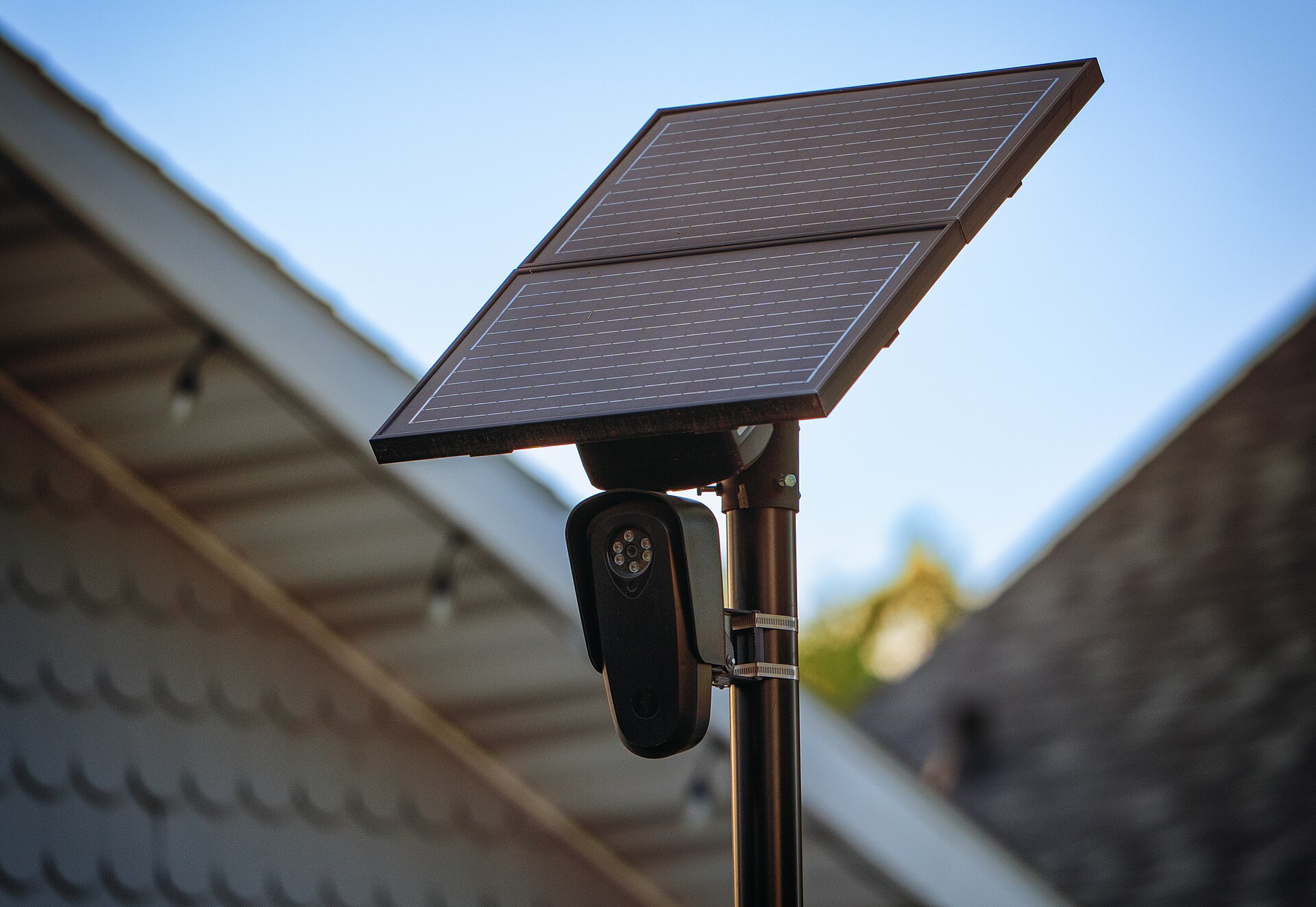 Solar-powered Flock Safety license plate reader camera mounted on a pole