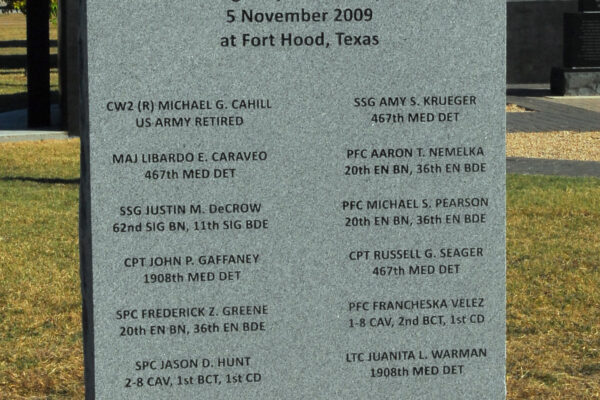 Memorial stone at Fort Hood honoring victims of the 2009 shooting