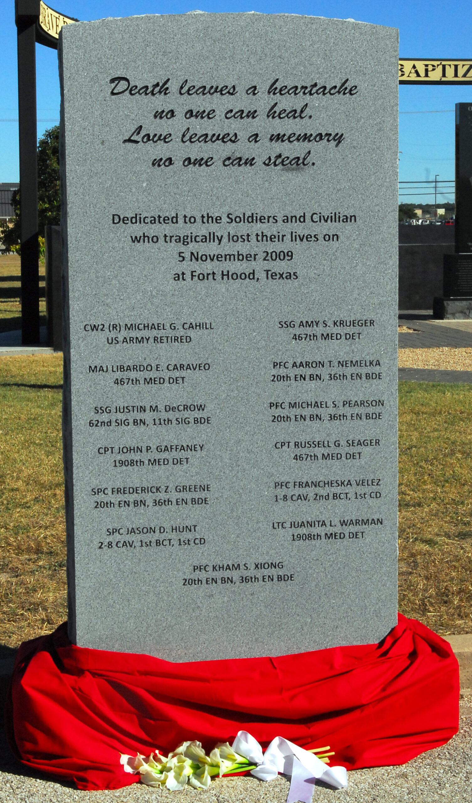 Memorial stone at Fort Hood honoring victims of the 2009 shooting