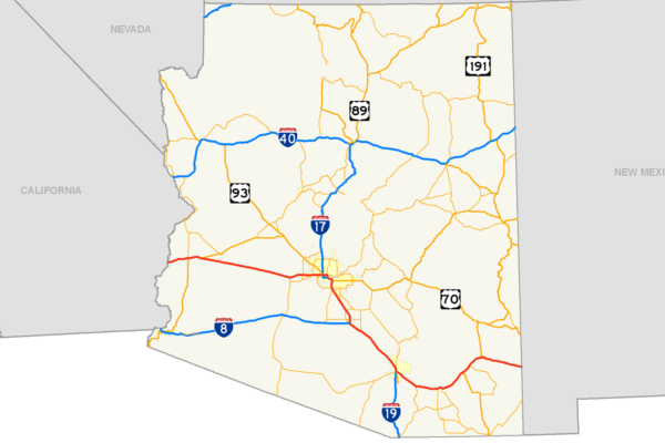 Map of Interstate 10 across Arizona