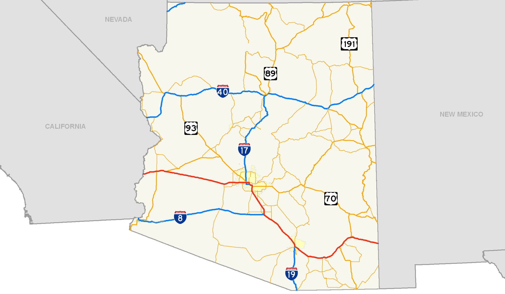 Map of Interstate 10 across Arizona